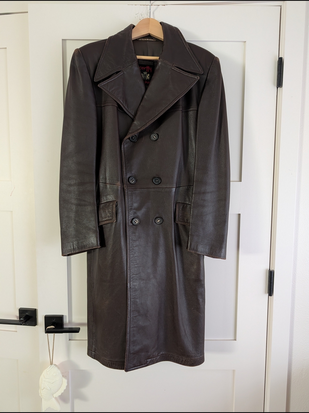 Vintage Leather Double-Breasted Trench Coat - Dark Brown